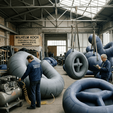 Wilhelm Koch Pneumatische Gummiobjekte workshop with workers and large inflatable rubber objects